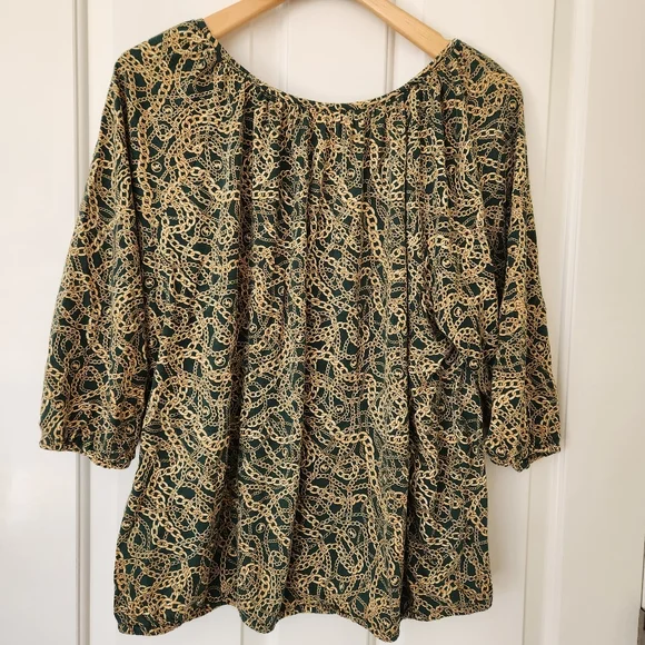 Michael Kors Womens Top Green Gold Chain Link Logo Print 3/4 Sleeve 3X - Picture 4 of 12